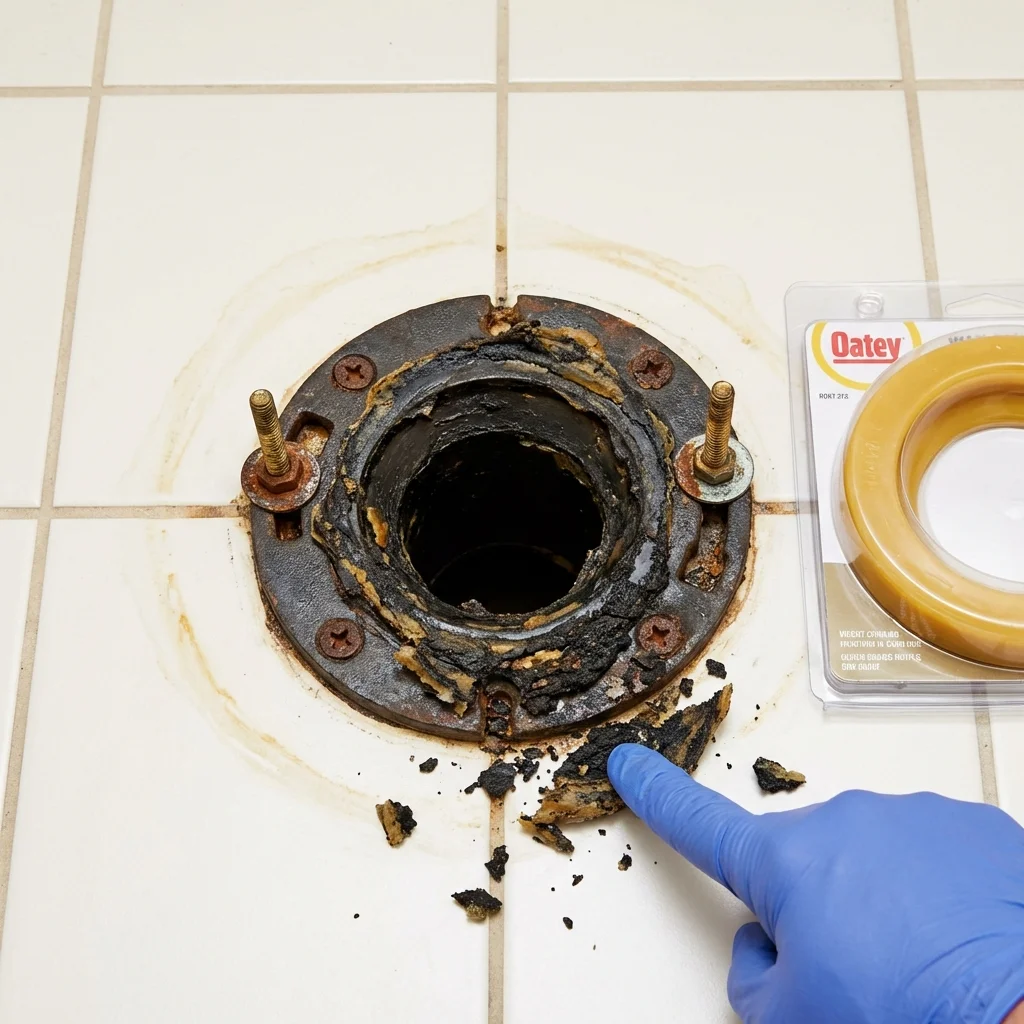 Failed wax ring showing water seepage at the base of a toilet in a Woodstock, AL home