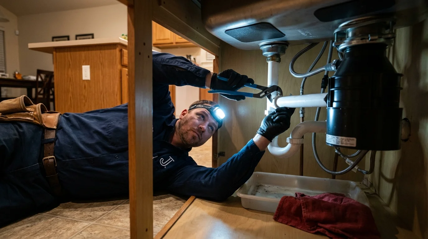 P-trap and supply line connections under a kitchen sink showing a common leak point in Woodstock, AL